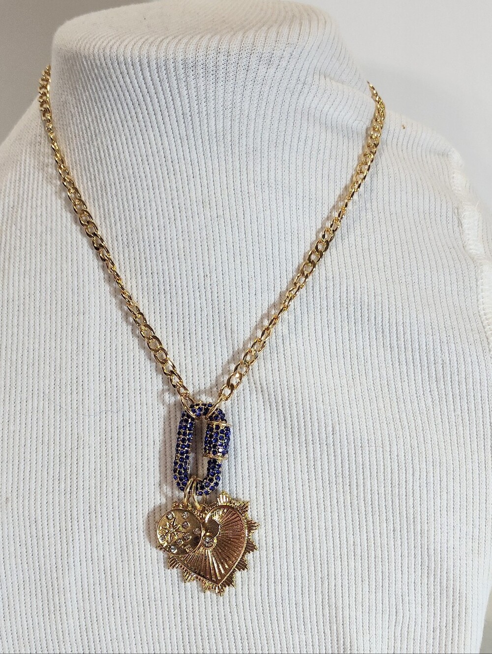 Gold Heart Pendant Charm Necklace with Blue Crystal Link Nickel Free